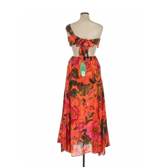 NWT! Farm Rio One Shoulder Cutout Tropical Floral Maxi Dress Orange Multi XL - Picture 2 of 3